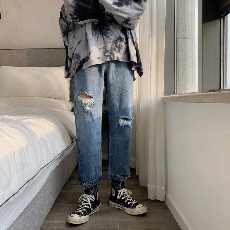 Bonsir 90s fashion men 2024 Black Ripped Jeans Men's Summer Thin Korean Style Trendy Cropped Pants Hong Kong Style Ruffle Handsome Retro Pants