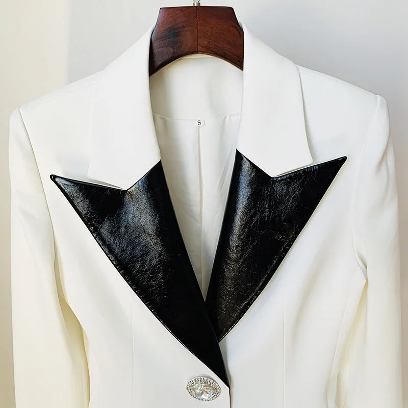 Fashion Contrast Leather Blazer Collar Diamond Jacket