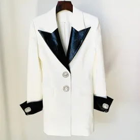 Fashion Contrast Leather Blazer Collar Diamond Jacket