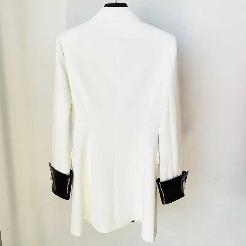 Fashion Contrast Leather Blazer Collar Diamond Jacket
