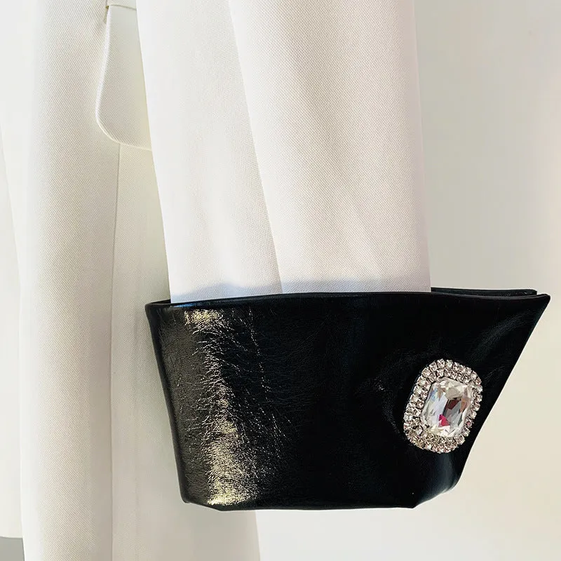 Fashion Contrast Leather Blazer Collar Diamond Jacket