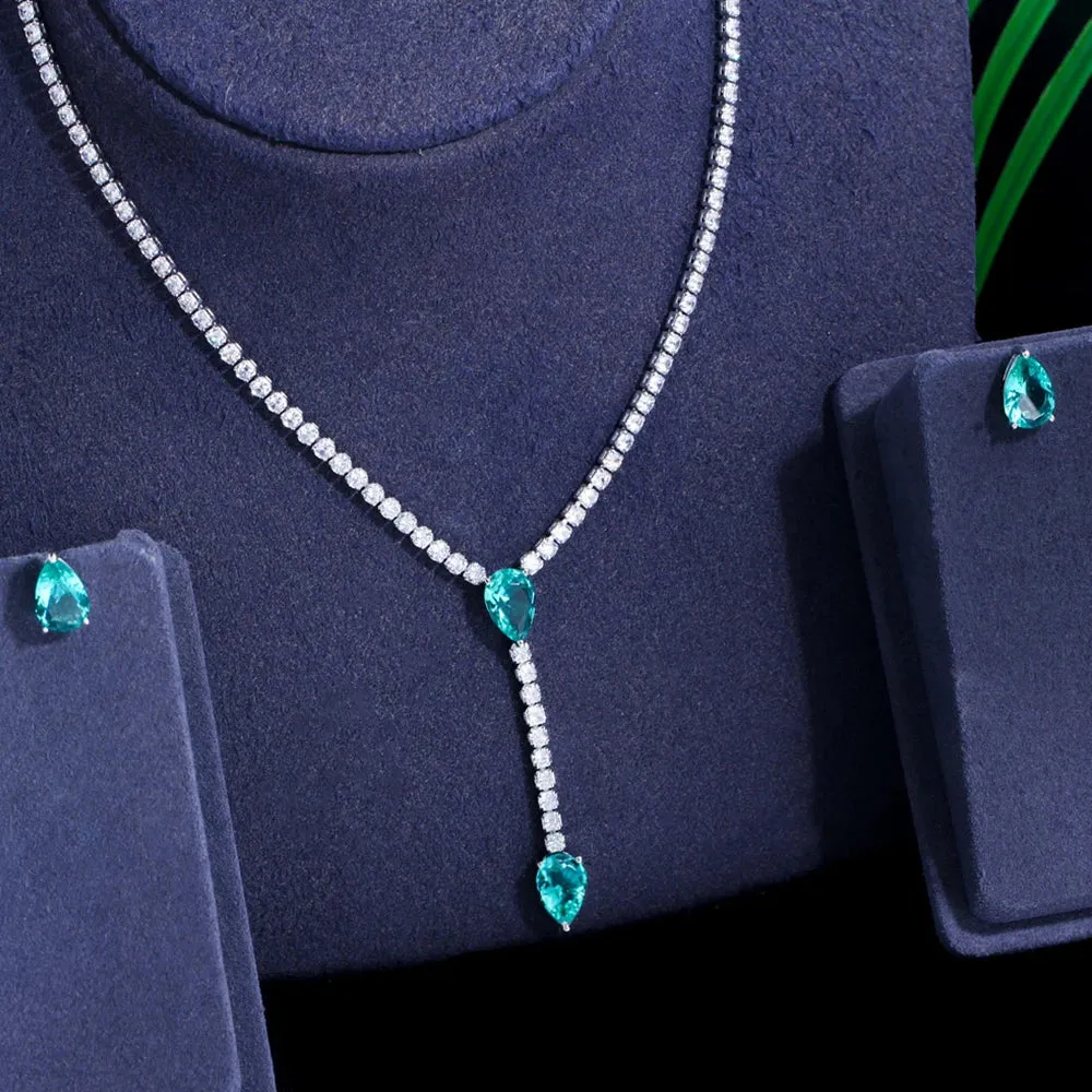 Trendy Long Chain Necklace and Earrings with Green Cubic Zirconia Stones - Water Drop Jewelry Set in Silver